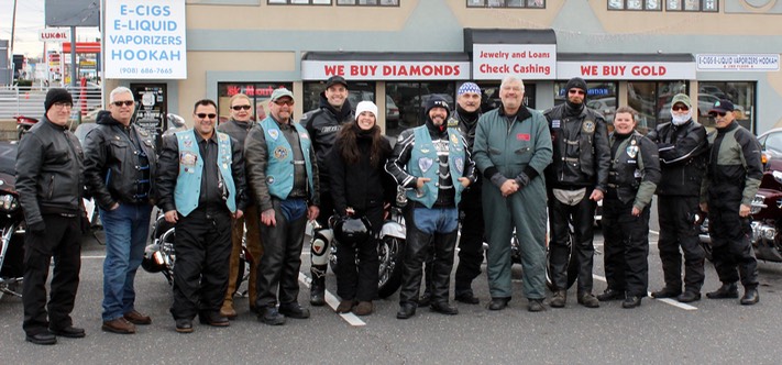 1/1/2016- Happy New Year! - Our 1st Ride in 2016! Friday, 1-Jan-2016: NJ-3 and friends are off to Ogdensburg, NJ to start the New Year with NJ-9’s annual Dale’s Chilly Chili Run. Pictured L > R: Ron Jones, John Sanford, Vito Oliva (NY-7), Deborah Shannon (Liberty HOG), Charlie Firtion, Chris Cooney, Gina Kohm, Joe Caruso (NY-7), Mike Kufta (Honor Guard MC), Jim Pona, Jack Hammill, Jenn Hammill, Roy Bober (PBGT), and Sal Spinale (PBGT). ~ photo courtesy of Joe Caruso ~