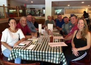 2016- NJ-3 & Friends visit Barnstormer BBQ Sunday, 28-Aug-2016: After taking a scenic ride up along the Hudson River and enjoying stops at State Line Lookout and Perkins Memorial Tower, NJ-3 & Friends took a lunch break at the Barnstormer BBQ in Fort Montgomery, NY. Pictured Left to Right: Lori (?), Jim Pona, Bob Wall, Rita Wall, Roy Bober, John Kohm, Charlie Firtion, Anthony Michaels & Laura Michaels.. ~ photo courtesy of Charlie Firtion