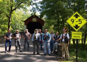 Sunday, 21-Aug-2016- NJ-3 & Friends Tour the Covered Bridges of Bucks Co Sunday, 21-Aug-2016: NJ-3 & Friends set out on a 70-mile tour of the Bucks Co Covered Bridges in Pensylvania. We were able to visit six of the bridges on our tour. Pictured here is the Frankenfield Covered Bridge in Erwinna, PA. Pictured Left to Right: Ron Jones, Sal Spinale, Roy Bober, Bob Wall, Tom Mancino, Mike McCabe, George Piegaro, Rita Wall and Jack Hammill. ~ photo courtesy of Charlie Firtion