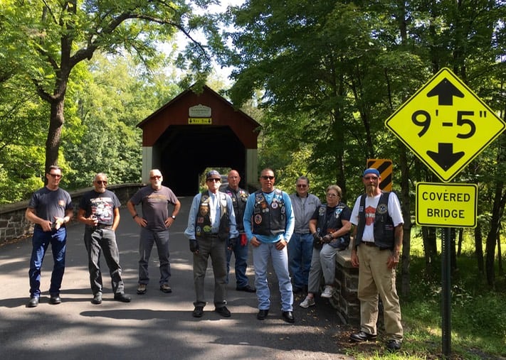 Sunday, 21-Aug-2016- NJ-3 & Friends Tour the Covered Bridges of Bucks Co Sunday, 21-Aug-2016: NJ-3 & Friends set out on a 70-mile tour of the Bucks Co Covered Bridges in Pensylvania. We were able to visit six of the bridges on our tour. Pictured here is the Frankenfield Covered Bridge in Erwinna, PA. Pictured Left to Right: Ron Jones, Sal Spinale, Roy Bober, Bob Wall, Tom Mancino, Mike McCabe, George Piegaro, Rita Wall and Jack Hammill. ~ photo courtesy of Charlie Firtion